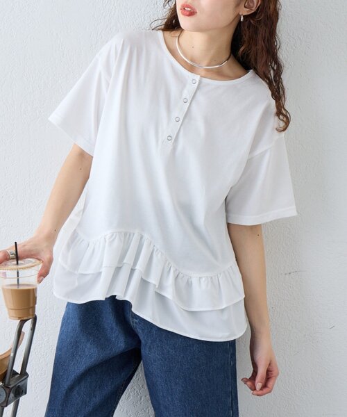 CIAOPANIC TYPY（チャオパニックティピー）の「【UVカット/接触冷感/前後2WAY】裾フリルヘンリーネックデザインTee（Tシャツ/カットソー・レディース・ホワイト/カーキ/ブラック・ONE SIZE）」の9枚目の写真