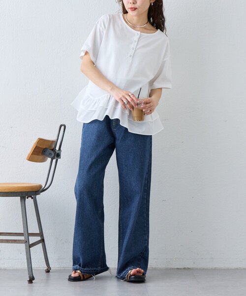 CIAOPANIC TYPY（チャオパニックティピー）の「【UVカット/接触冷感/前後2WAY】裾フリルヘンリーネックデザインTee（Tシャツ/カットソー・レディース・ホワイト/カーキ/ブラック・ONE SIZE）」の8枚目の写真