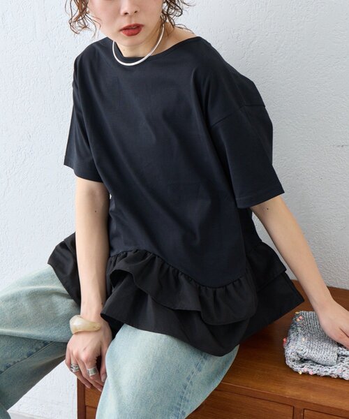 CIAOPANIC TYPY（チャオパニックティピー）の「【UVカット/接触冷感/前後2WAY】裾フリルヘンリーネックデザインTee（Tシャツ/カットソー・レディース・ホワイト/カーキ/ブラック・ONE SIZE）」の5枚目の写真