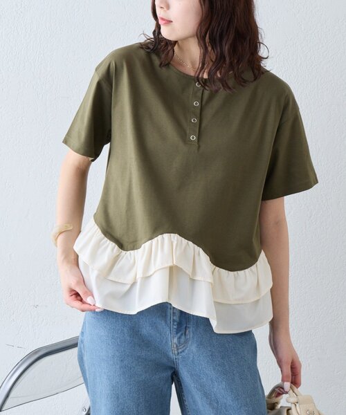 CIAOPANIC TYPY（チャオパニックティピー）の「【UVカット/接触冷感/前後2WAY】裾フリルヘンリーネックデザインTee（Tシャツ/カットソー・レディース・ホワイト/カーキ/ブラック・ONE SIZE）」の17枚目の写真
