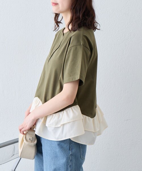 CIAOPANIC TYPY（チャオパニックティピー）の「【UVカット/接触冷感/前後2WAY】裾フリルヘンリーネックデザインTee（Tシャツ/カットソー・レディース・ホワイト/カーキ/ブラック・ONE SIZE）」の16枚目の写真