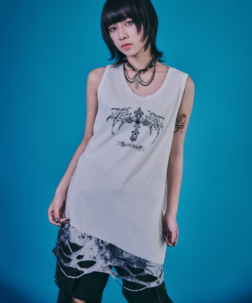 BENDER TOKYO（ベンダートウキョウ）の「［PSYCHO☆NATION サイコネーション］グラフィック プリント ダメージ レイヤード タンクトップ（タンクトップ・メンズ・ブラック×レッド/ブラック×ブラック/ホワイト×ホワイト・L/M）」の2枚目の写真