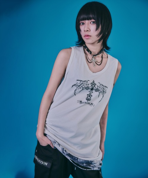 BENDER TOKYO（ベンダートウキョウ）の「［PSYCHO☆NATION サイコネーション］グラフィック プリント ダメージ レイヤード タンクトップ（タンクトップ・メンズ・ブラック×レッド/ブラック×ブラック/ホワイト×ホワイト・L/M）」の5枚目の写真