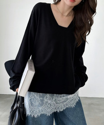 【Eclat one】裾レース 切替 Vネック ニット プルオーバー