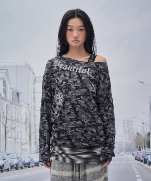 SOMSOC(ソムソック)の「VOER CAMO ASYMMETRY TOP _CHARCOAL(Tシャツ/カットソー・レディース・その他・FREE)」の1枚目の写真