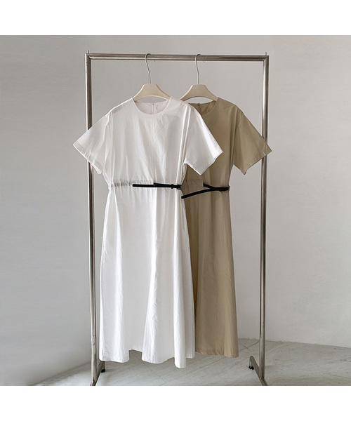 VASCARA(バスカラ)の「Belted Short Sleeve Long Dress (2colors)(ワンピース・レディース・ホワイト/ベージュ・FREE)」の1枚目の写真