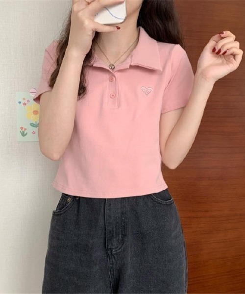 boemy(ボエミー)の「ハート刺繍クロップド ポロシャツ(ポロシャツ・レディース・ホワイト/ブラック/グレー/ピンク/ローズ・L)」の19枚目の写真
