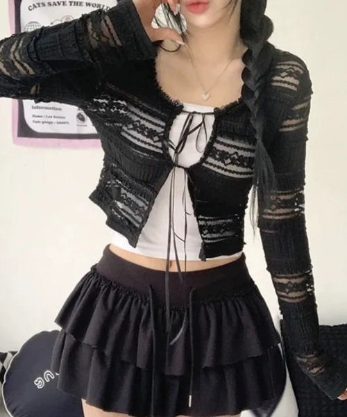 AVYL(アヴィル)の「フロントダブルリボン レースボレロカーディガン(カーディガン/ボレロ・レディース・ブラック/ホワイト・M)」の10枚目の写真