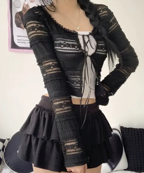 AVYL(アヴィル)の「フロントダブルリボン レースボレロカーディガン(カーディガン/ボレロ・レディース・ブラック/ホワイト・M)」の8枚目の写真
