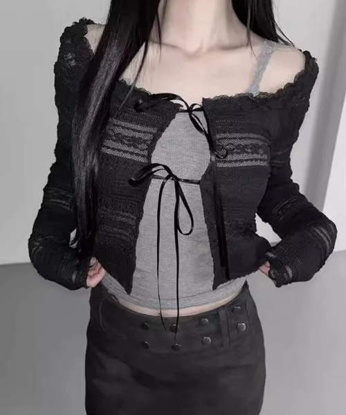 AVYL(アヴィル)の「フロントダブルリボン レースボレロカーディガン(カーディガン/ボレロ・レディース・ブラック/ホワイト・M)」の6枚目の写真