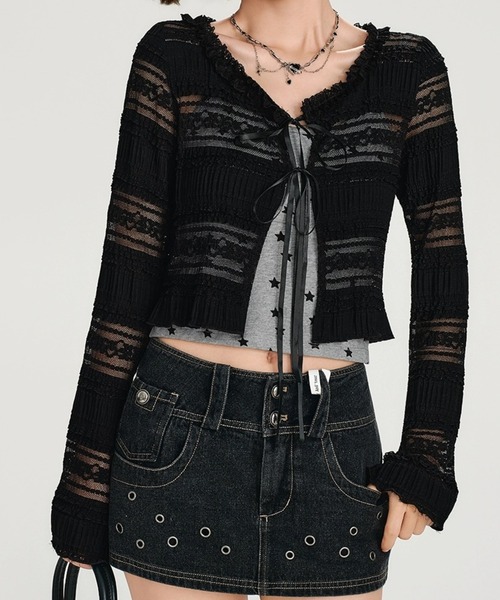 AVYL(アヴィル)の「フロントダブルリボン レースボレロカーディガン(カーディガン/ボレロ・レディース・ブラック/ホワイト・M)」の5枚目の写真