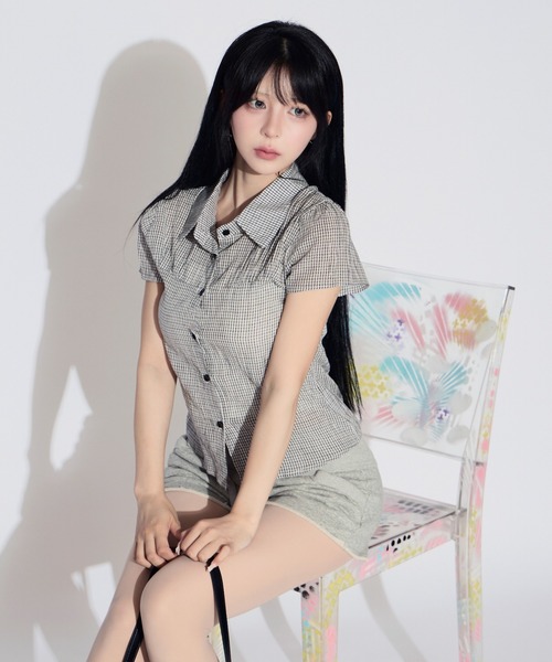 tinkerend(ティンカーエンド)の「Modern Plaid Pattern Collared BlouseModern / モダンチェック襟付きブラウス(シャツ/ブラウス・レディース・ネイビー/オフホワイト/ブラック・FREE)」の2枚目の写真