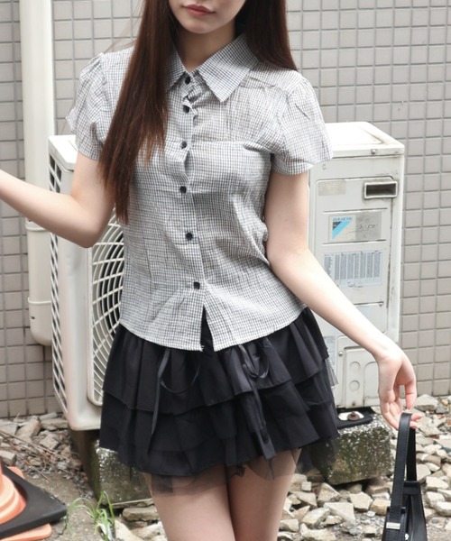 tinkerend(ティンカーエンド)の「Modern Plaid Pattern Collared BlouseModern / モダンチェック襟付きブラウス(シャツ/ブラウス・レディース・ネイビー/オフホワイト/ブラック・FREE)」の4枚目の写真