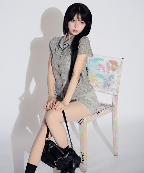 tinkerend(ティンカーエンド)の「Modern Plaid Pattern Collared BlouseModern / モダンチェック襟付きブラウス(シャツ/ブラウス・レディース・ネイビー/オフホワイト/ブラック・FREE)」の22枚目の写真