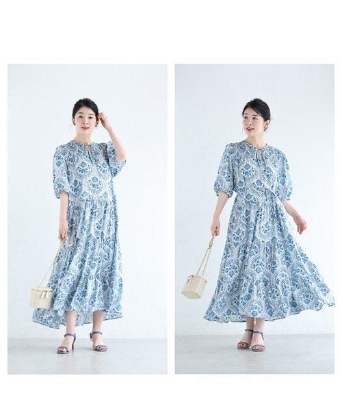 cawaii（カワイイ）の「ビジュー散りばめたダマスク柄ロングワンピース（紐ベルト付き）（ワンピース・レディース・ブルー・FREE）」の10枚目の写真