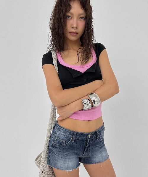 BLACKUP（ブラックアップ）の「[MADE] デイチボタンキャップスリーブ半袖Tシャツ（Tシャツ/カットソー・レディース・ホワイト/ブラック/ピンク・FREE）」の10枚目の写真
