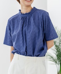 【C-FORTPOINT/フォートポイント】【涼やかな綿素材】総柄刺繍ブラウス コットン100% シャツ プルオーバー 涼しい 体型カバー ナチュラル