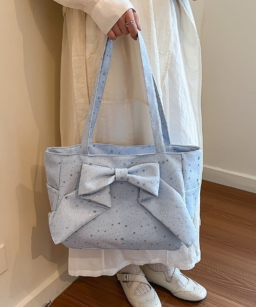 Mejoul(メジュール)の「【2026春夏新作】きらきらビジュー ビッグリボン大容量トートバッグ(トートバッグ・レディース・ピンク/ホワイト/ブルー・F)」の9枚目の写真