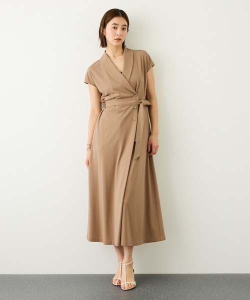 ROPE'（ロペ）の「ジャージラップフレンチスリーブワンピース/UVカット・接触冷感・吸水速乾・イージーケア（ワンピース・レディース・キャメル/ブラック・36/38）」の5枚目の写真