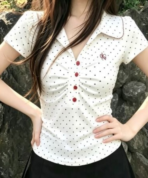 Vipoa(ヴィポア)の「ドットヘンリーロゴポロTシャツ(Tシャツ/カットソー・レディース・ホワイト・FREE)」の2枚目の写真