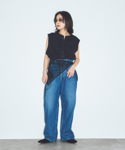 CITYSHOP(シティーショップ)の「MARGE FRAYED EMBROIDERY SCARF 1012-0108-035:スカーフ(バンダナ/スカーフ・レディース・ブラック・FREE)」の6枚目の写真