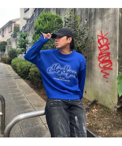 My sugar Babe（マイシュガーベイブ）の「spray logo knit（スウェット・メンズ・グレー/ブルー/ブラック・LARGE/MEDIUM）」の8枚目の写真