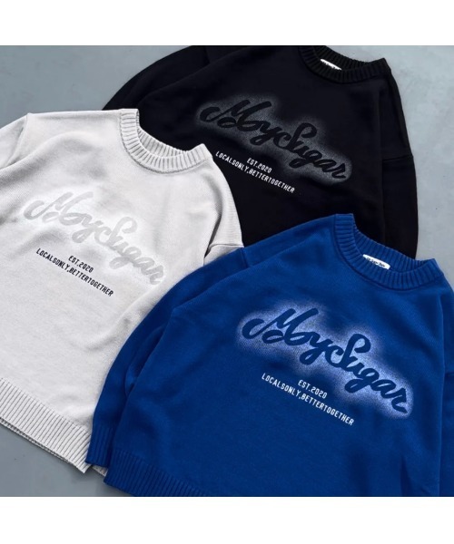 My sugar Babe（マイシュガーベイブ）の「spray logo knit（スウェット・メンズ・グレー/ブルー/ブラック・LARGE/MEDIUM）」の13枚目の写真