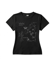 ラインハンドドローイングプリントスリムフィット半袖Tシャツブラック