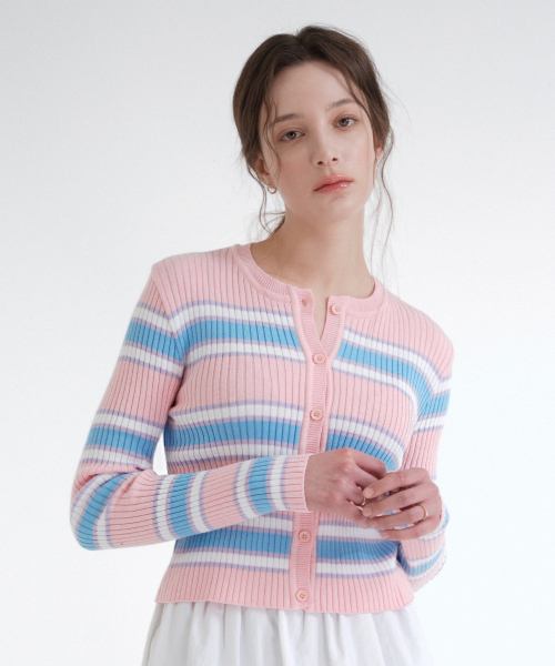 Cotton Round Stripe Knit Cardigan (Pink)（カーディガン/ボレロ