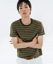 ストライプボーダークロップTシャツカーキ