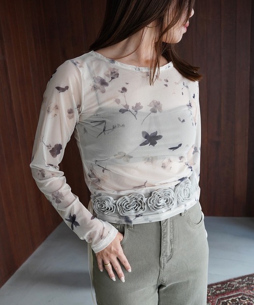 SANSeLF（サンセルフ）の「【SANSeLF】フラワープリントシアートップス saw26a034（その他トップス・レディース・アイボリー/ブラック・FREE）」の2枚目の写真