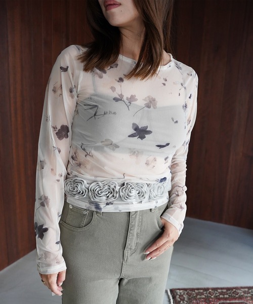 SANSeLF（サンセルフ）の「【SANSeLF】フラワープリントシアートップス saw26a034（その他トップス・レディース・アイボリー/ブラック・FREE）」の8枚目の写真