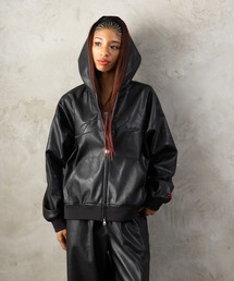 FUBU（ フブ）の「FUBU フブ M’S FAUX LEATHER ZIP HOODIE フェイクレザージップフーディー（ライダースジャケット）」