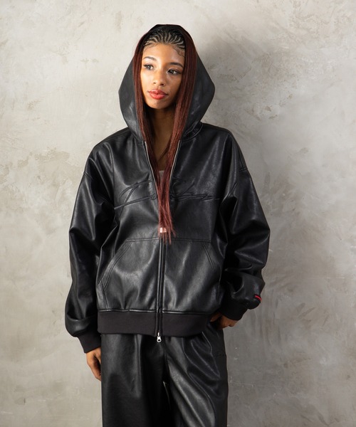 FUBU フブ M'S FAUX LEATHER ZIP HOODIE/フェイクレザージップ