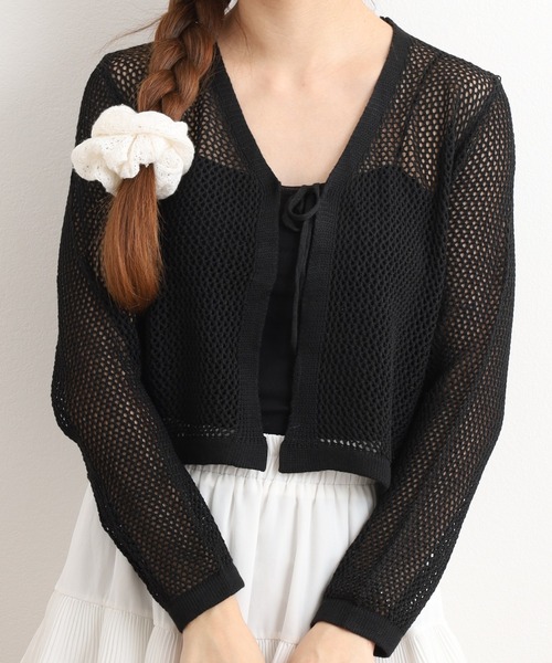 crossi(クロッシー)の「透かし編みショート丈ニットボレロ 長袖(カーディガン/ボレロ・レディース・ブラウン/ホワイト・FREE)」の1枚目の写真