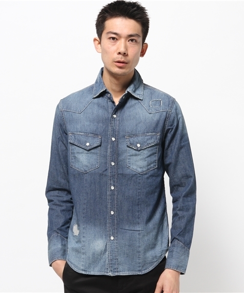 VENCEEXCHANGE(ヴァンスエクスチェンジ)の「リペアーデニムシャツ(シャツ/ブラウス・メンズ・ライトブルー/ブルー・LARGE/MEDIUM)」の1枚目の写真