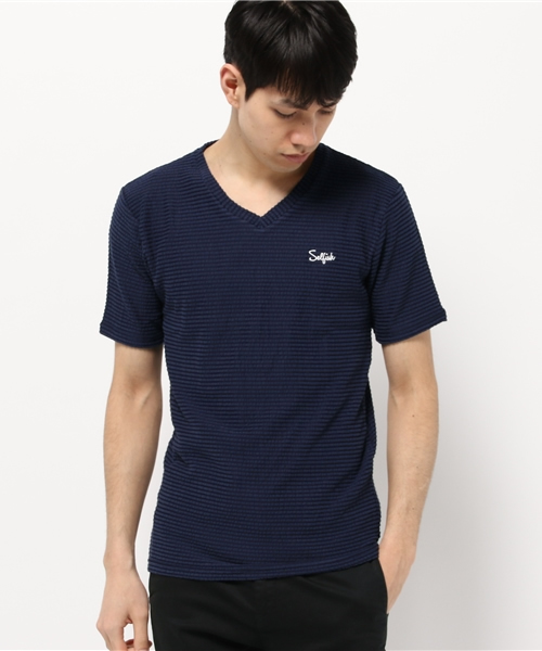 VENCEEXCHANGE（ヴァンスエクスチェンジ）の「カットサッカーワンポイント刺繍Tシャツ（Tシャツ/カットソー・メンズ・ダークネイビー/オフホワイト/ネイビー・LARGE/MEDIUM）」の3枚目の写真