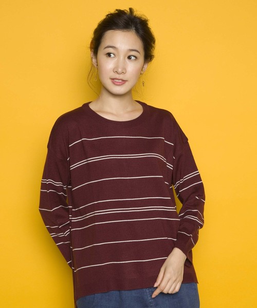 PLAIN CLOTHING（プレーンクロージング）の「ラインボーダーニット【PLAIN CLOTHING】（ニット/セーター・レディース・ネイビー/ブラック/アイボリー/ワイン・FREE）」の4枚目の写真