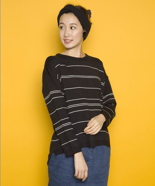 PLAIN CLOTHING（プレーンクロージング）の「ラインボーダーニット【PLAIN CLOTHING】（ニット/セーター・レディース・ネイビー/ブラック/アイボリー/ワイン・FREE）」の3枚目の写真