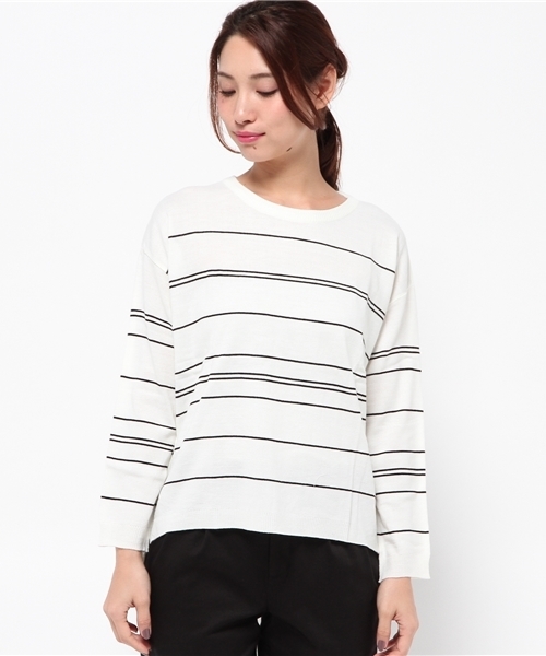 PLAIN CLOTHING（プレーンクロージング）の「ラインボーダーニット【PLAIN CLOTHING】（ニット/セーター・レディース・ネイビー/ブラック/アイボリー/ワイン・FREE）」の5枚目の写真