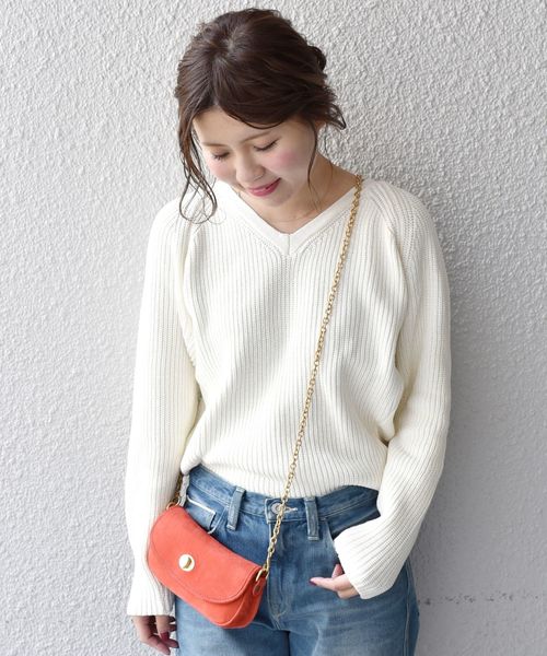 Khaju（カージュ）の「Khaju:コットンカラーニット（ニット/セーター・レディース・イエロー/ブルー/オフホワイト/ピンク・ONE SIZE）」の2枚目の写真