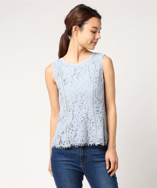 NINE（ナイン）の「ノースリーブレースブラウス（シャツ/ブラウス・レディース・サックスブルー/ネイビー/イエロー/オフホワイト・1/0）」の4枚目の写真