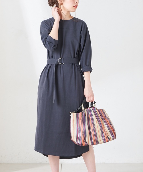 natural couture（ナチュラルクチュール）の「ベルト付きTシャツワンピース（ワンピース・レディース・オフホワイト/ブラック/ベージュ/パープル・FREE）」の8枚目の写真