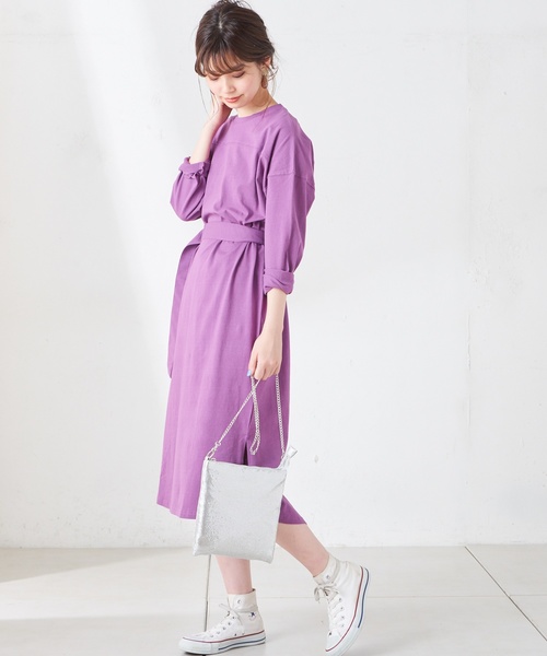 natural couture（ナチュラルクチュール）の「ベルト付きTシャツワンピース（ワンピース・レディース・オフホワイト/ブラック/ベージュ/パープル・FREE）」の16枚目の写真