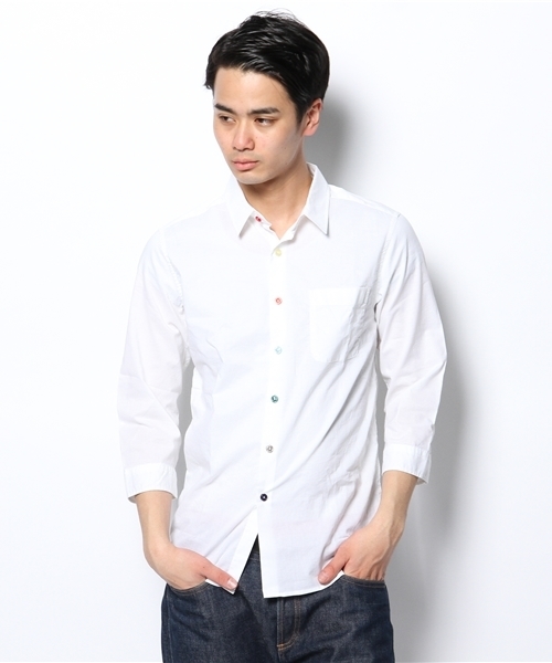 WEGO（ウィゴー）の「WEGO/カラフルボタン7分袖シャツ（シャツ/ブラウス・メンズ・ホワイト・MEDIUM/SMALL/LARGE）」の9枚目の写真