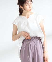 Ray BEAMS | Ray BEAMS / リネン キーネック フレンチスリーブ シャツ(シャツ/ブラウス)