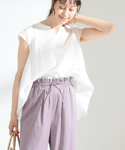 Ray BEAMS（レイビームス）の「Ray BEAMS / リネン キーネック フレンチスリーブ シャツ（シャツ/ブラウス・レディース・ホワイト/ブラック/ラベンダー/ケリー・ONE SIZE）」の6枚目の写真