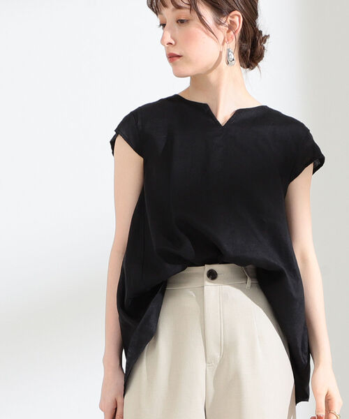 Ray BEAMS（レイビームス）の「Ray BEAMS / リネン キーネック フレンチスリーブ シャツ（シャツ/ブラウス・レディース・ホワイト/ブラック/ラベンダー/ケリー・ONE SIZE）」の9枚目の写真