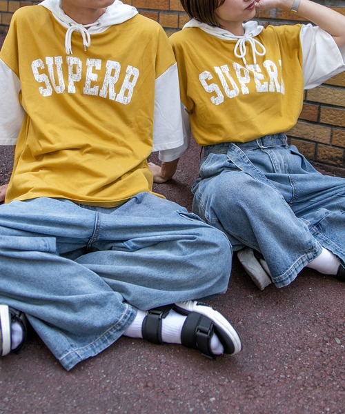 PairPair（ペアペア）の「バイカラー半袖パーカー（ユニセックス）（Tシャツ/カットソー・レディース・ダークパープル/マスタード/グレイッシュブルー・FREE）」の3枚目の写真