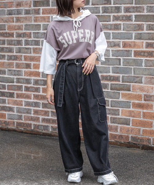 PairPair（ペアペア）の「バイカラー半袖パーカー（ユニセックス）（Tシャツ/カットソー・レディース・ダークパープル/マスタード/グレイッシュブルー・FREE）」の7枚目の写真